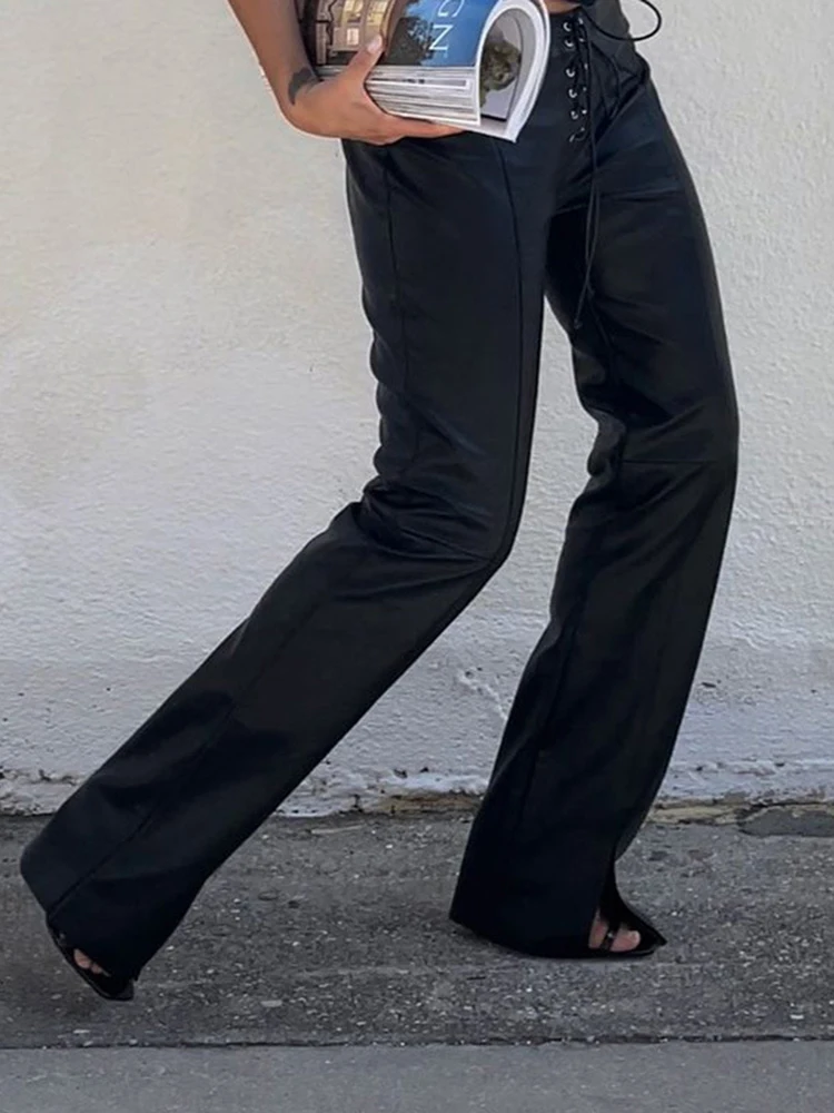 Cryptographic Fashion PU Faux Leather High Rise Skinny Straight Pants for Women Streetwear Bottom Club Party Goth Pant Trousers