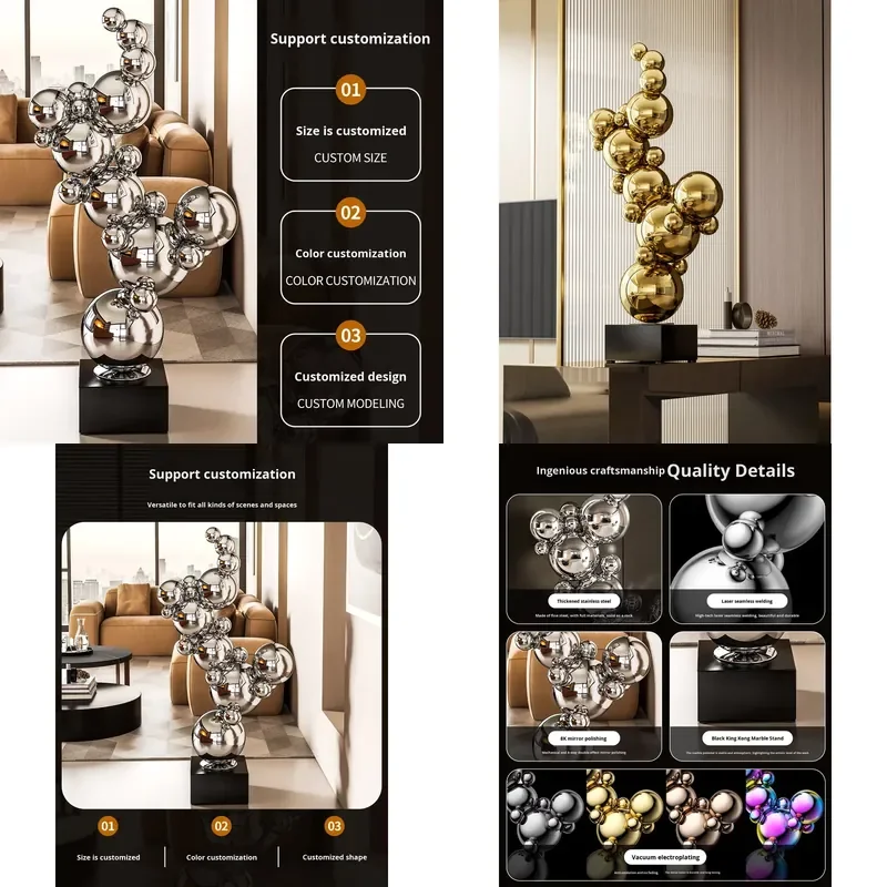 Large Stainless Steel Electroplated Silver Abstract Sculpture for Living Room Floor Decor Italian Light Luxury Style Model