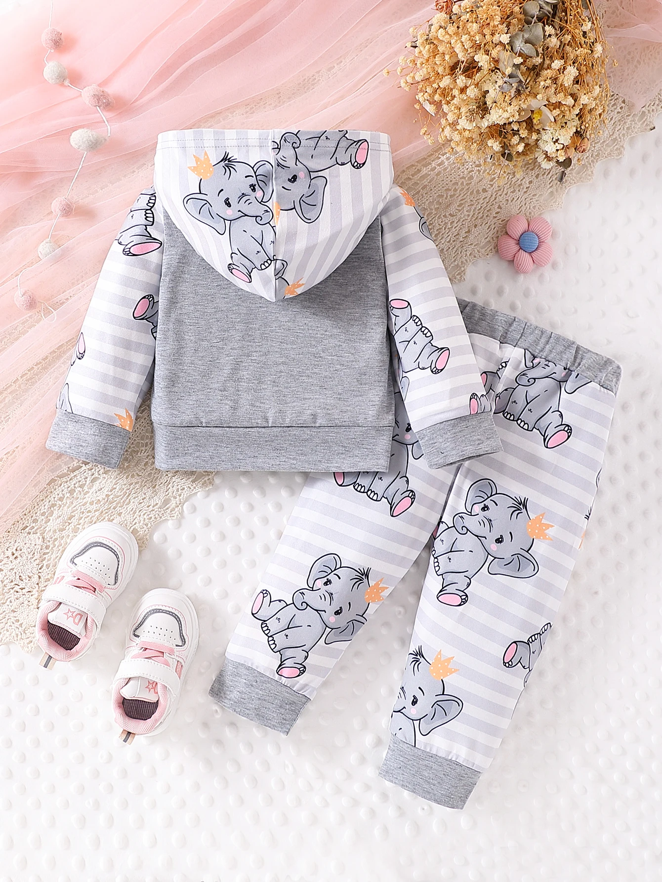 Baby Toddler Long Sleeve Hoodie Set Striped Elephant Print European Style with Pockets Decorative Hat Infant Clothing