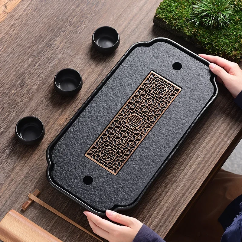 

Wujinshi Tea Tray Household Modern Simple Ceramic Water Storage and Drainage Dual Use Tea Table Dry Soaking Tray Small Tea Sea