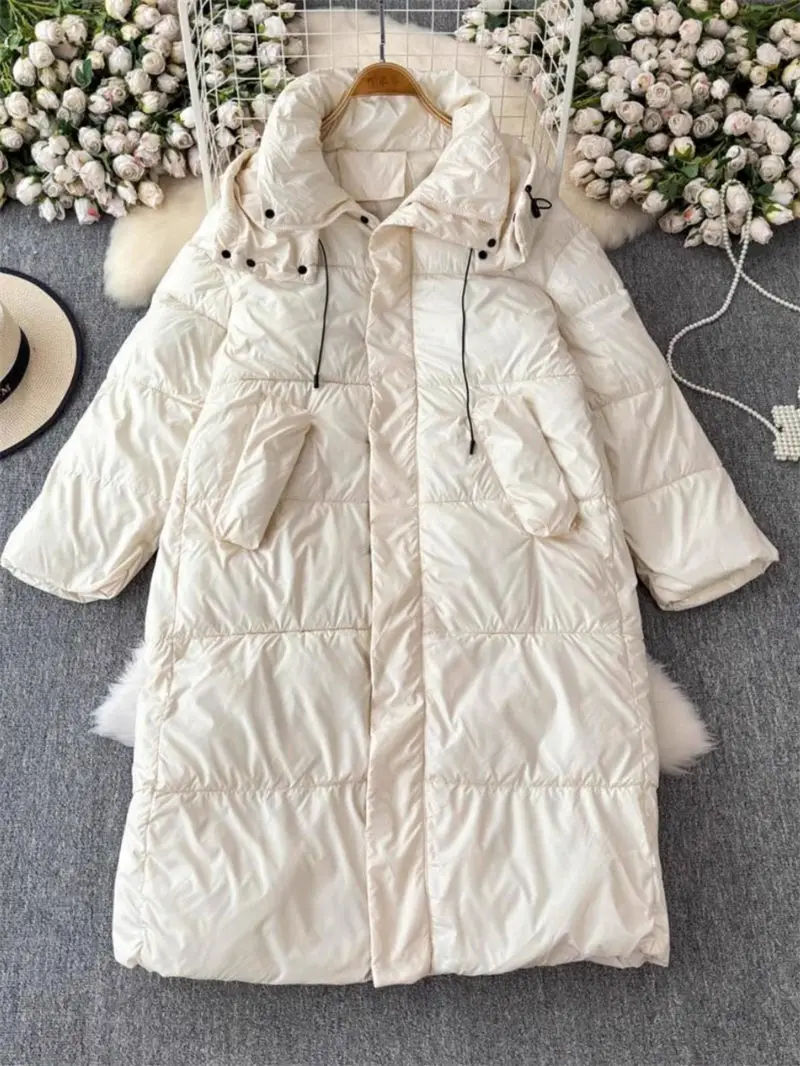 Piumino in cotone bianco a sbuffo per donna di media lunghezza 2024 nuova versione coreana cappotto con cappuccio allentato e spesso Parka tuta sportiva A480