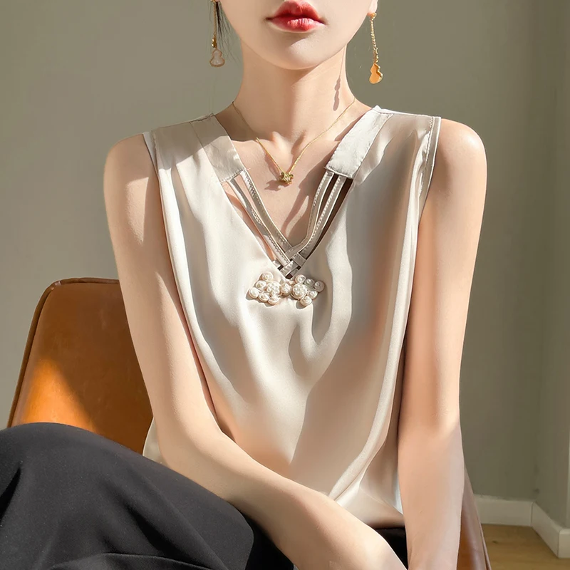 Spring and summer new women's new Chinese style suspender Acetate silk smooth satin is soft and skin friendly Breathable vest