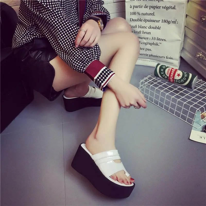 Rimocy 2021 Women Clip Toe Chunky Platform Slippers Summer Pu Leather Wedges Heels Sandals Woman Black White Beach Slides Ladies