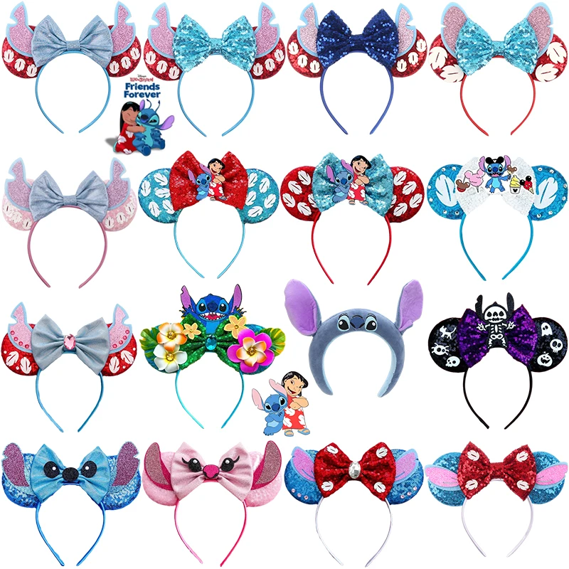 Cute Lilo & Stitch Headbands for Girls Leaves Ears Hair Bands Kids Disney Angel Hair Accessories Women Sequins Bow Baby Headwear