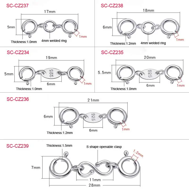 Double Spring Clasp Extender 925 Silver Jewellery Clasps Sterling Silver Extension Connectors Components 10pcs/lot SC-CZ234