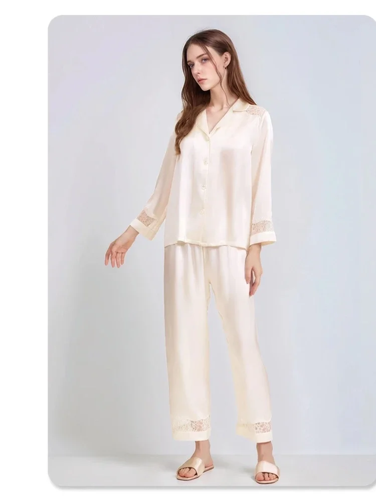 

100% Real Silk Women's Long Sleeve Trousers Pajama Set Solid Color Lapel Pajamas Elegant Loungewear Sexy Lace Homewear Nightwear