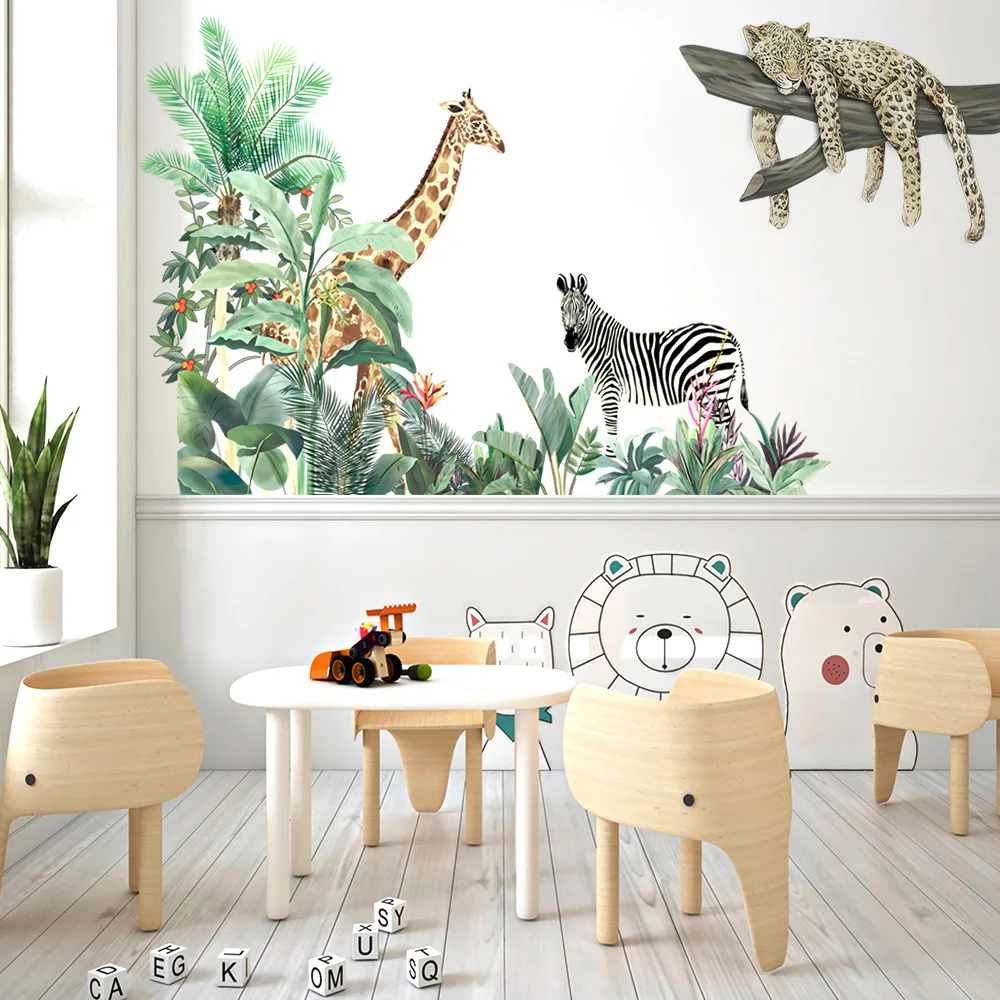 Jungle Animals Wall Stickers for Children Kids Rooms Boys Large Safari Room Bedroom Decoration Elephant Giraffe Zebra Wallpaper