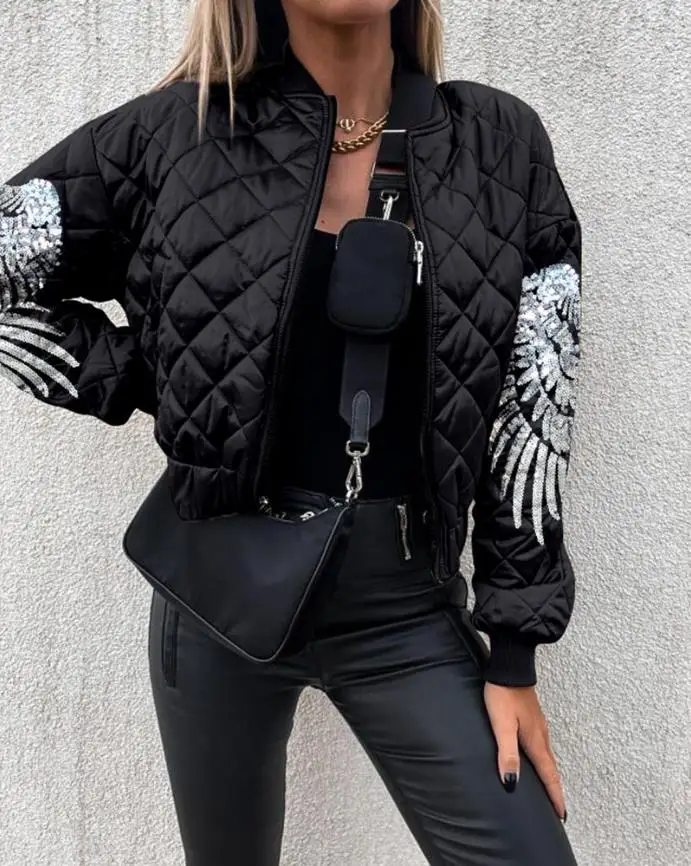 Winter Clothes Women\'s Coat Fashion Contrast Sequins Angel Wings Pattern Quilted Warm Down Jacket Black Top Casual Street Wear