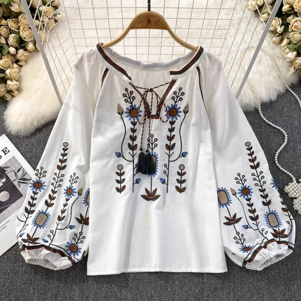 Autumn Casual Women Blouse Fashion V-neck Long Lantern Sleeve Embroidery Shirts Vintage Minority Ladies Tops Dropshipping