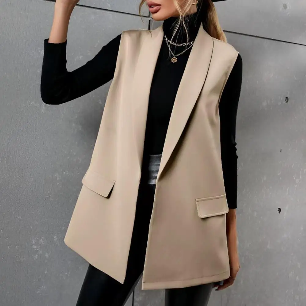 Suit Collar Vest Elegant Lapel Sleeveless Women's Suit Vest with Flap Pockets Mid-length Solid Color Business for Professional