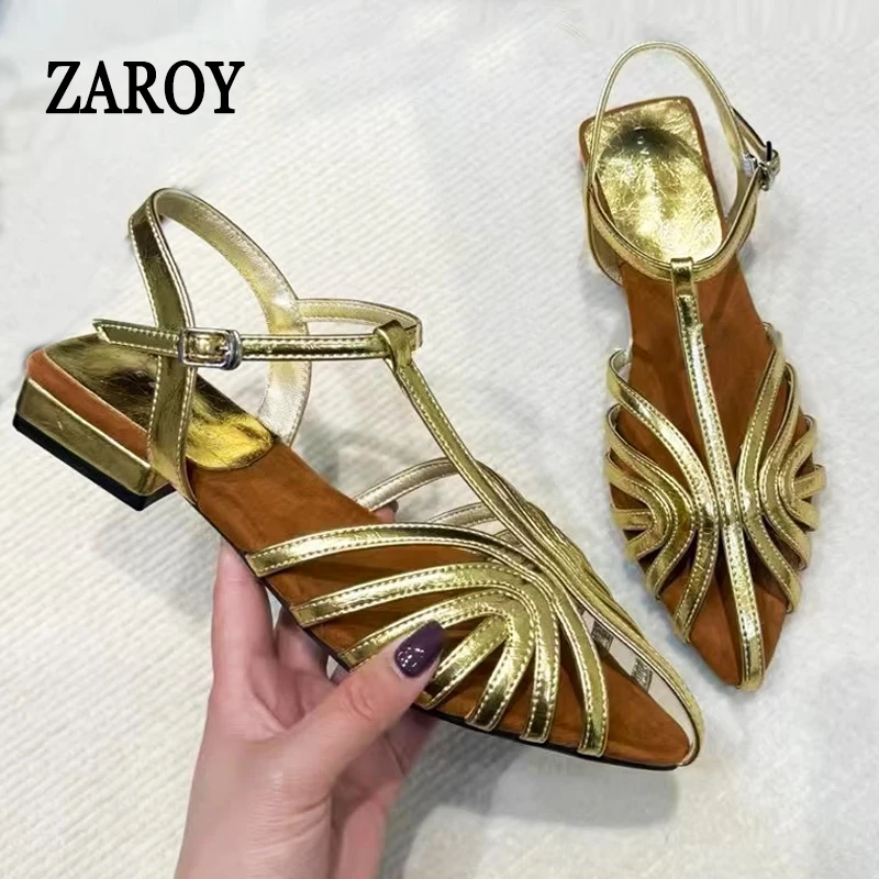 

ZAROY Women Roman Sandals Summer Low Heel Ankle Strap Buckle Sandals Pointed Toe Hollowed Out T-strap Sandalias сандали