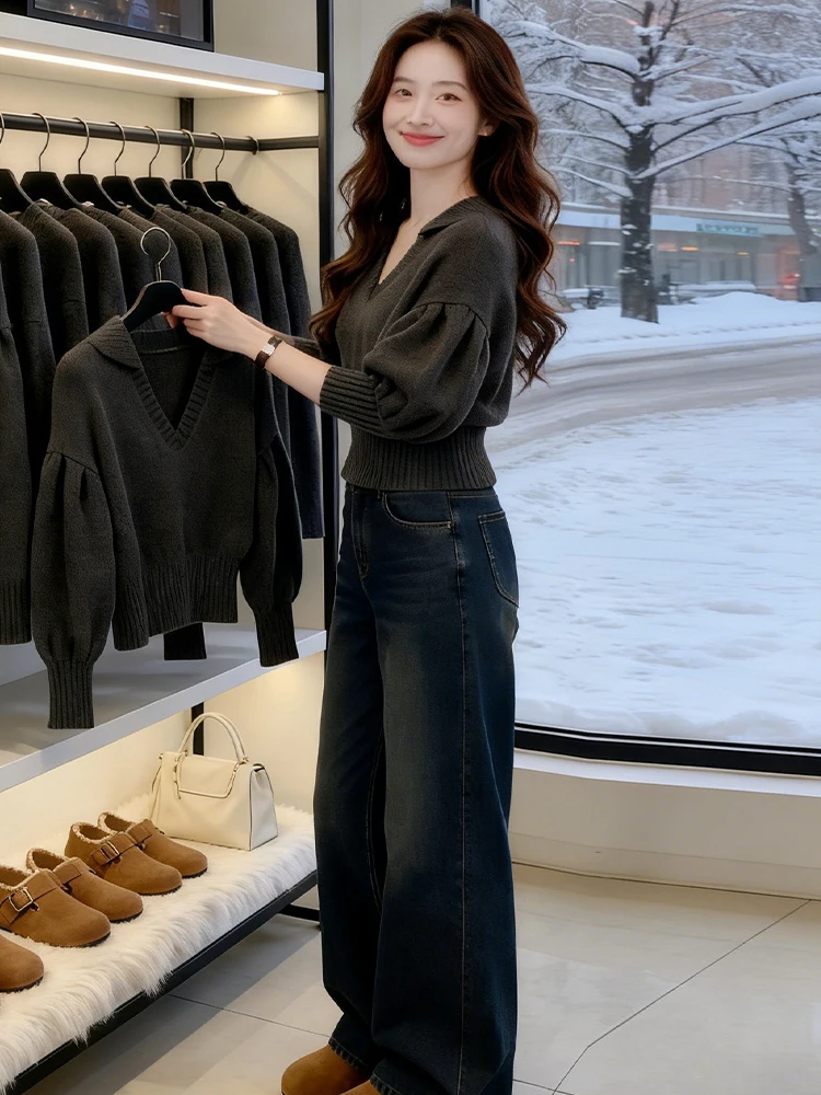 

Autumn Winter Women's V-Ne Long Sve Knitted Sweater Loose Casual Versatile Base Layer Top Pure Color Commute Sle