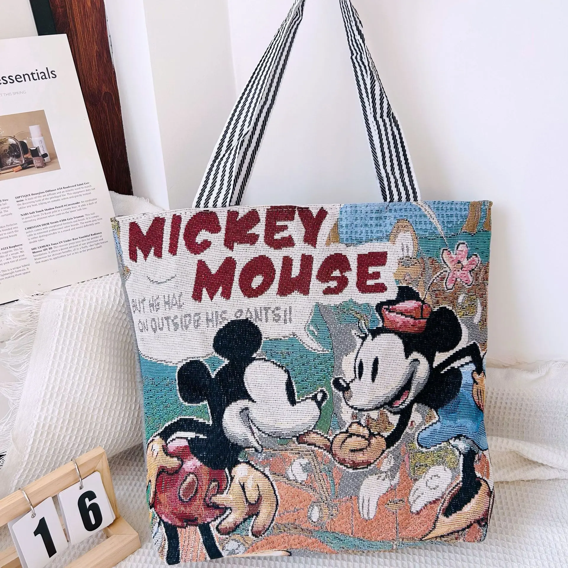 1pcs Disney Mickey Mouse, Winnie the Pooh and Stitch linen large canvas bag shoulder tote bag and literary women\'s tote bag