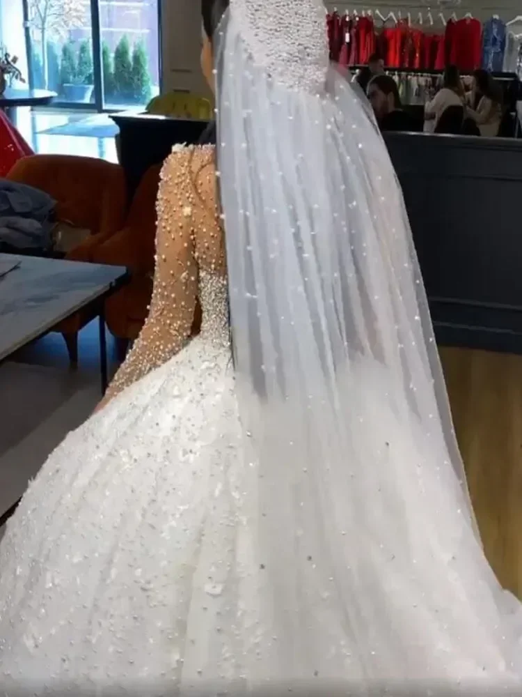 Customized  High Neck See Through Pearls Beads Wedding Dress Sweep Train African Illusion Full Sleeves Robe De Mariée