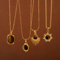 1 PCS Stainless Steel Brown Tiger Eye Stone Pendant Necklace for Women Men Vintage Fine Sweater Chain Jewelry Accessories 2024