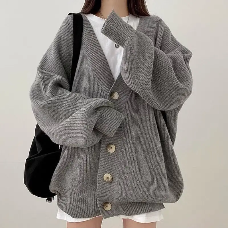 Knitted Cardigan Sweater Coat Buttoned V-Neck Lazy Style Women'S Loose Slim Versatile Top Autumn And Winter