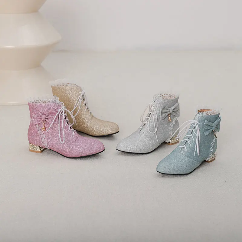 

SIMLOVEYO Блестящие женские ботильоны с круглым носком на блочном каблуке 3 см, большой размер 42 43, со шнуровкой и бантом, милые туфли для свиданий, осенняя обувь Bota 32