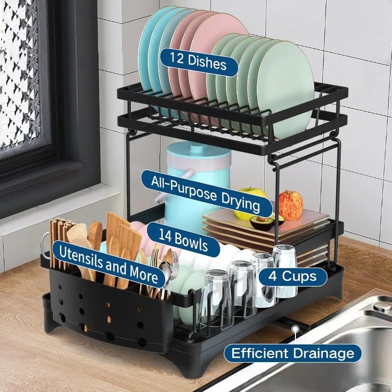 2 Level Countertop Drying Rack with Drain Tray, Kitchen Cutlery Filter, Cutlery Rack, Overhanging Cutting Board, Large Capacity