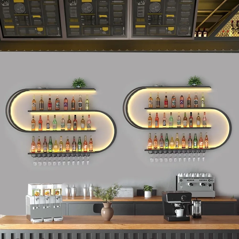 Rak Anggur Terpasang Di Dinding 78 Inci, Rak Bar Mengambang 4 Tingkat, Rak Penyimpanan Pajangan Botol Logam Industri, untuk Rumah