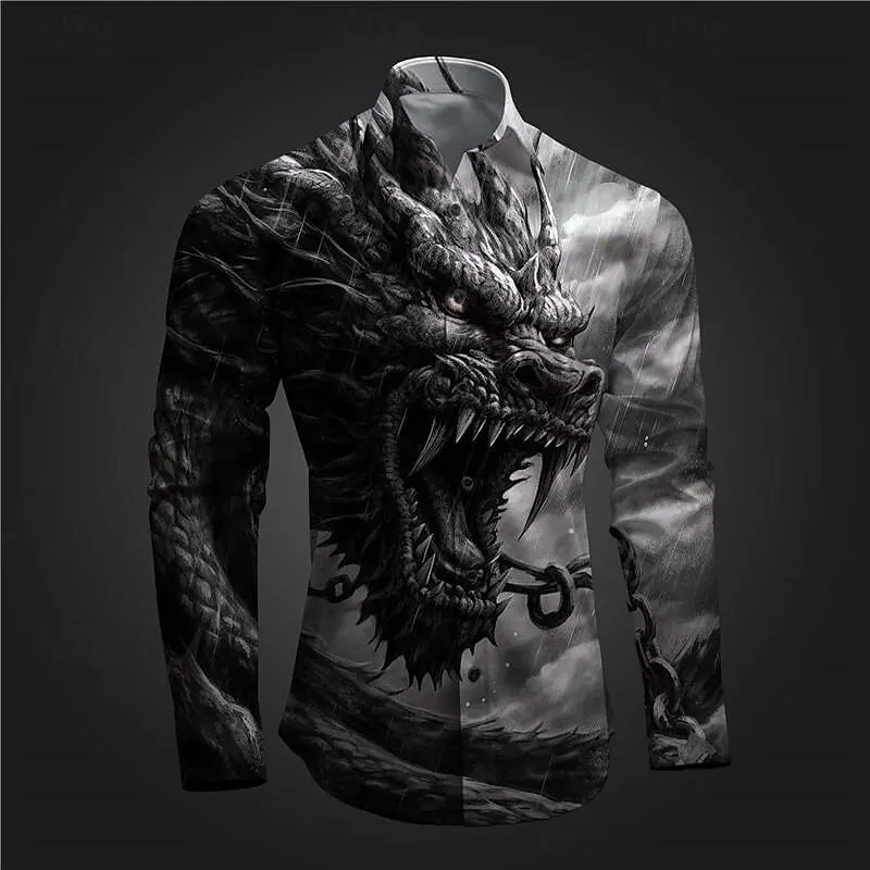 

Men's Dragon Graphic Long Sleeve Shirts Vintage Cool Creative Lapel Button Casual Clothes Autumn Breathable Quick Drying Clothes