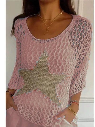 Women Fishnet Pullover Crochet Fishnet Blouse Stylish Women's Crochet Tops O-neck Fishnet Knit Blouse V-neck for Fashionable