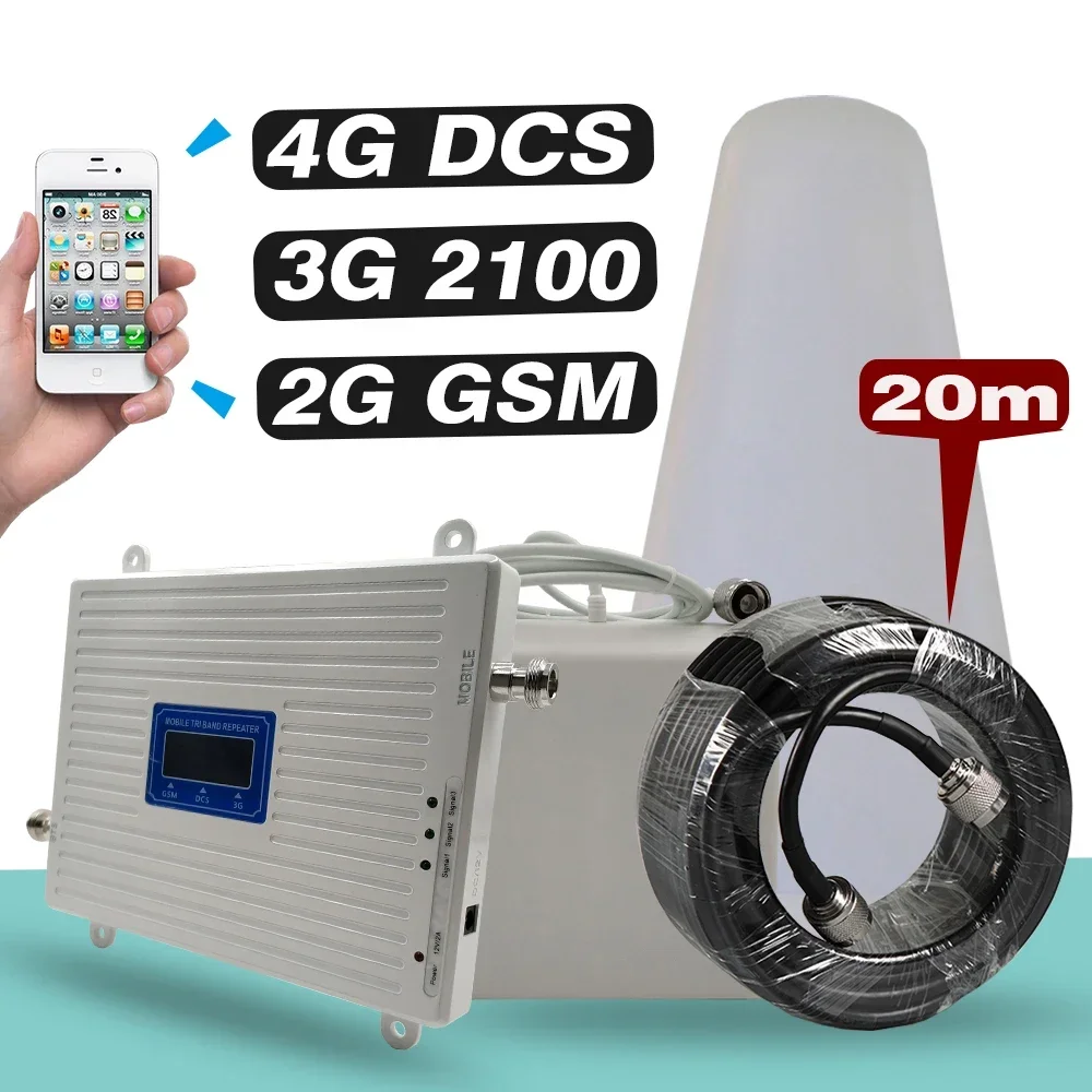 2G 3G 4G Tri-Band Repeater GSM 900MHz+DCS/LTE 1800(B 3)+UMTS/WCDMA 2100(B1) Mobile Signal Booster Cellular Amplifier Antenna set