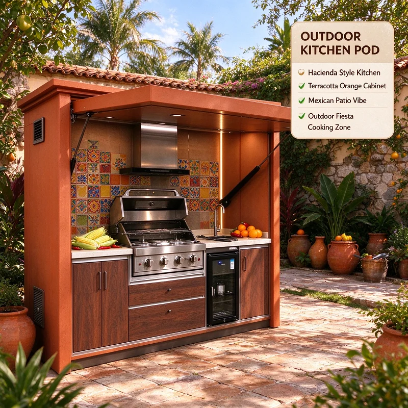 Modular Outdoor Kitchen BBQ Pod Island Grill Station Aluminum Pergola Stainless Steel Cabinet Sink Fridge Shed Patio Nook Bar
