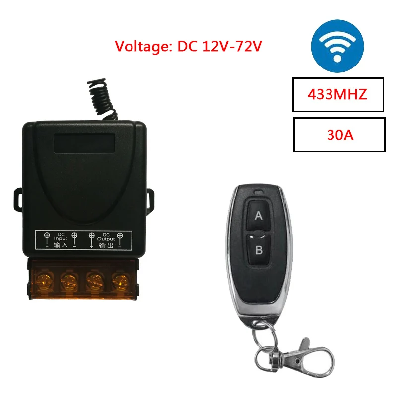 433Mhz Wireless Remote Control Switch DC12V 24V  30A Relay 1CH Receiver Controller and 2botton RF 433 Mhz Transmitter