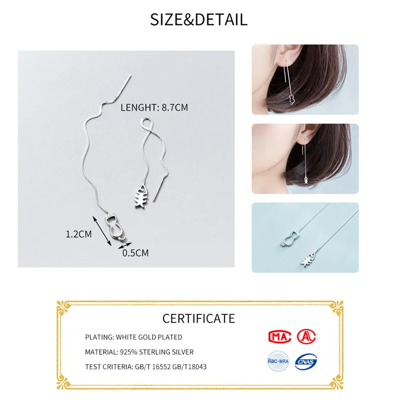 SOFTPIG Real 925 Sterling Silver Asymmetry Hollow Cat Fish Bone Box Chain Tassel Drop Earrings Fine Jewelry For Women Bijoux