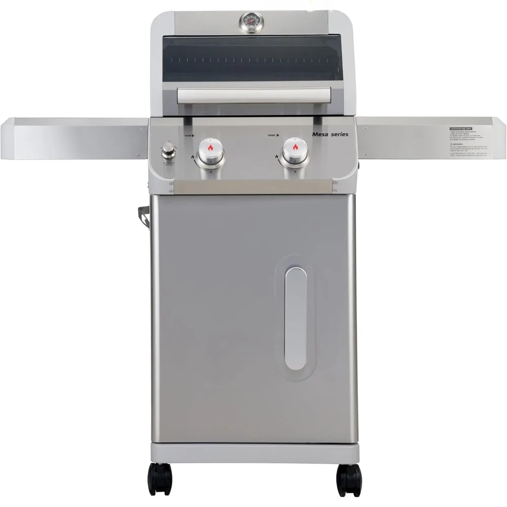 Outdoor Barbecue Grill with Transparent Lid, Dual Burner Liquid Propane Gas, LED Controller, Two Foldable Shelves