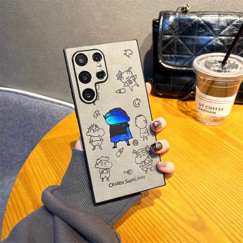 

Cute Anime Cartoon Crayon Shin-chan Texture Laser Phone Case For Samsung S25 S24 S23 22 25 Ultra Plus Emboss Leather Cover