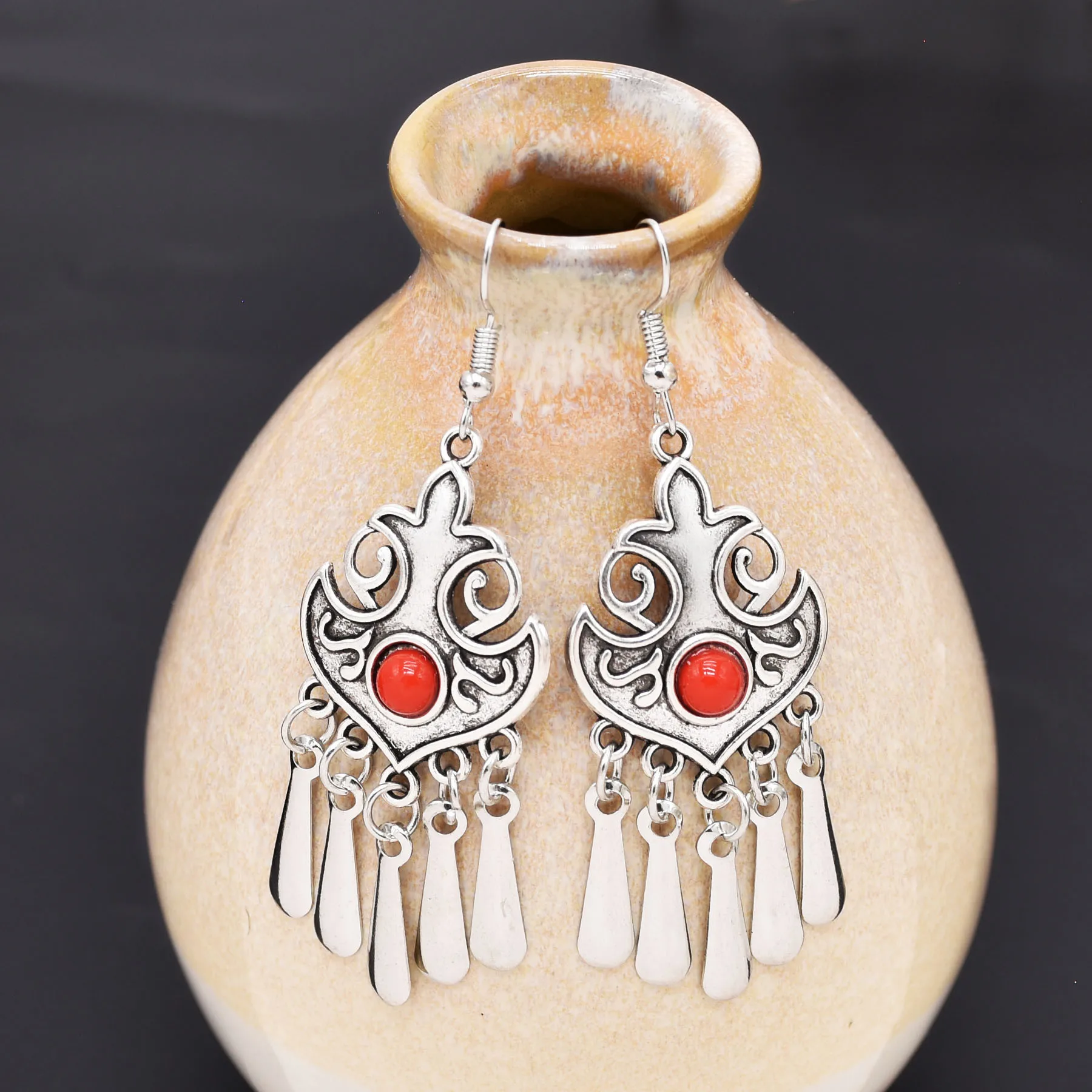 Indian Vintage Oxidized Silver Color Metal Drop Earrings for Women Boho Blue Black Stone Hanging Earrings Arab Ethnic Jewelry