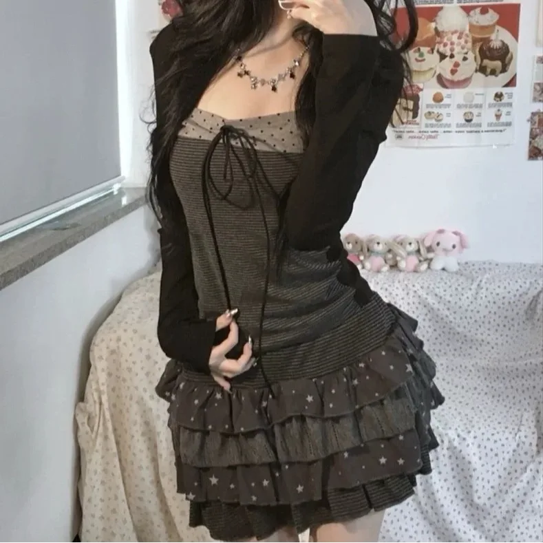 

Retro Korean Style Knot T-Shirt Star Cake Skirt Women's mid Waist Half Skirt Baking Skirt Spring Summer New Arrival