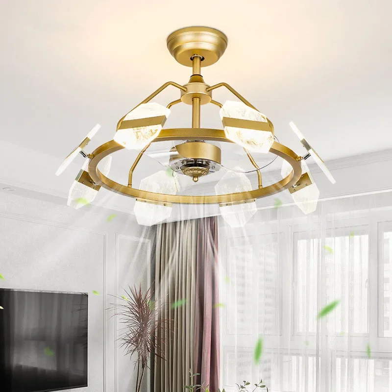 

Iron fan lamp living room dining room Nordic lamp LED modern simple smoke frequency conversion acrylic ceiling fan lamp