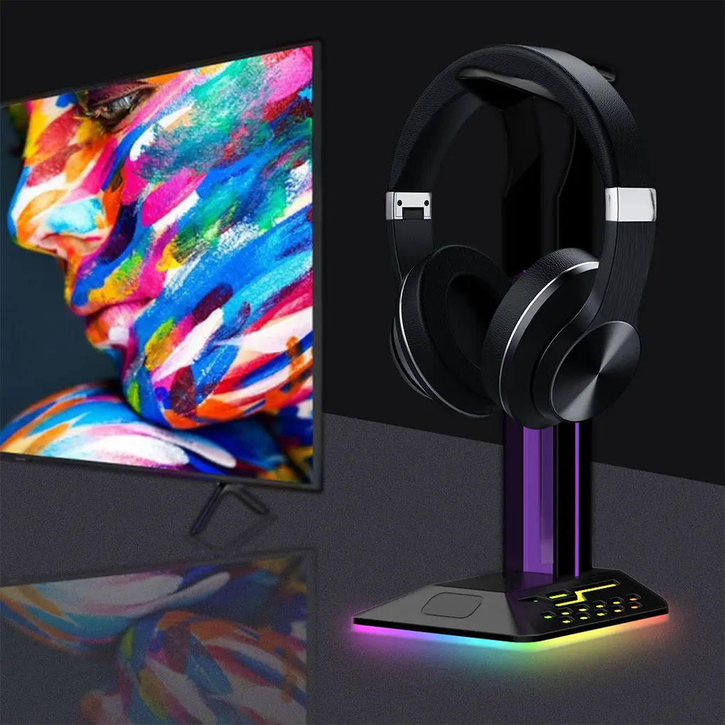 Piifoxer Gaming Headphone Stand Professional RGB Lighting Double USB Data Transmitting Earphone Display Holder Home Bracket