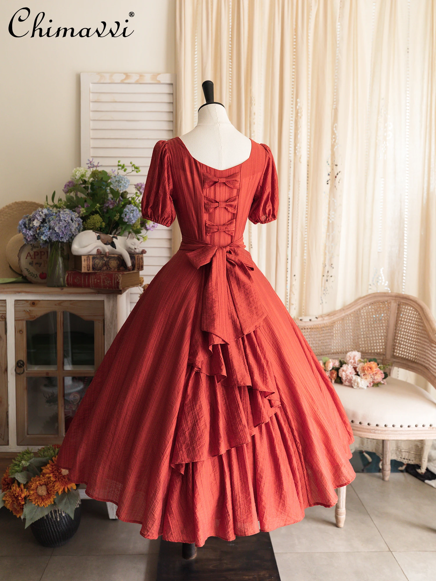 Original Retro Cake Dress for Women Summer New Lolita Style CLA Classical Back Bow High Waist Temperament Female Midi Dresses