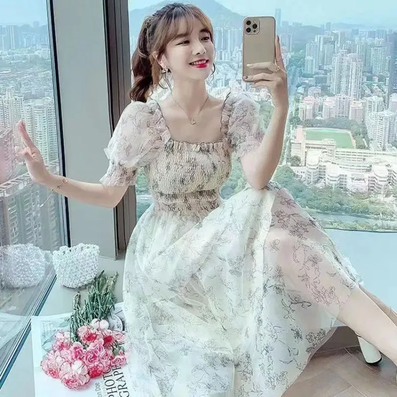 French High-grade Sweet Soft Style Mid-length Dress Women 2025 New Summer Floral Dress Fashionable Slim Printed Evening Dresses