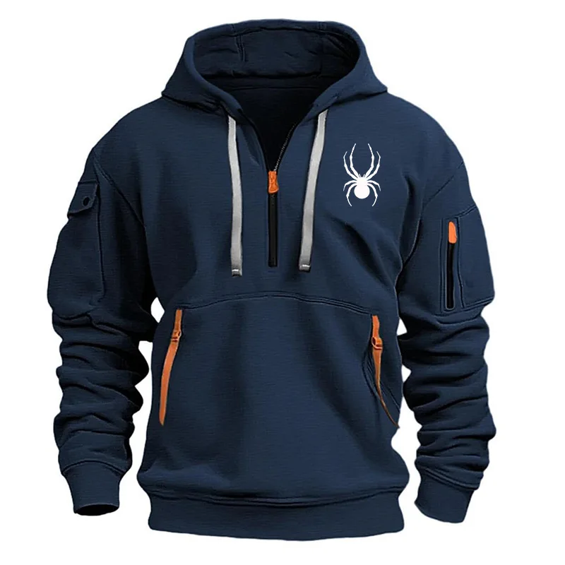 Men Autumn Winter Down Zipper Hooded Pullover Multi Pocket Stylish Outdoor Loose Oversized Casual Top