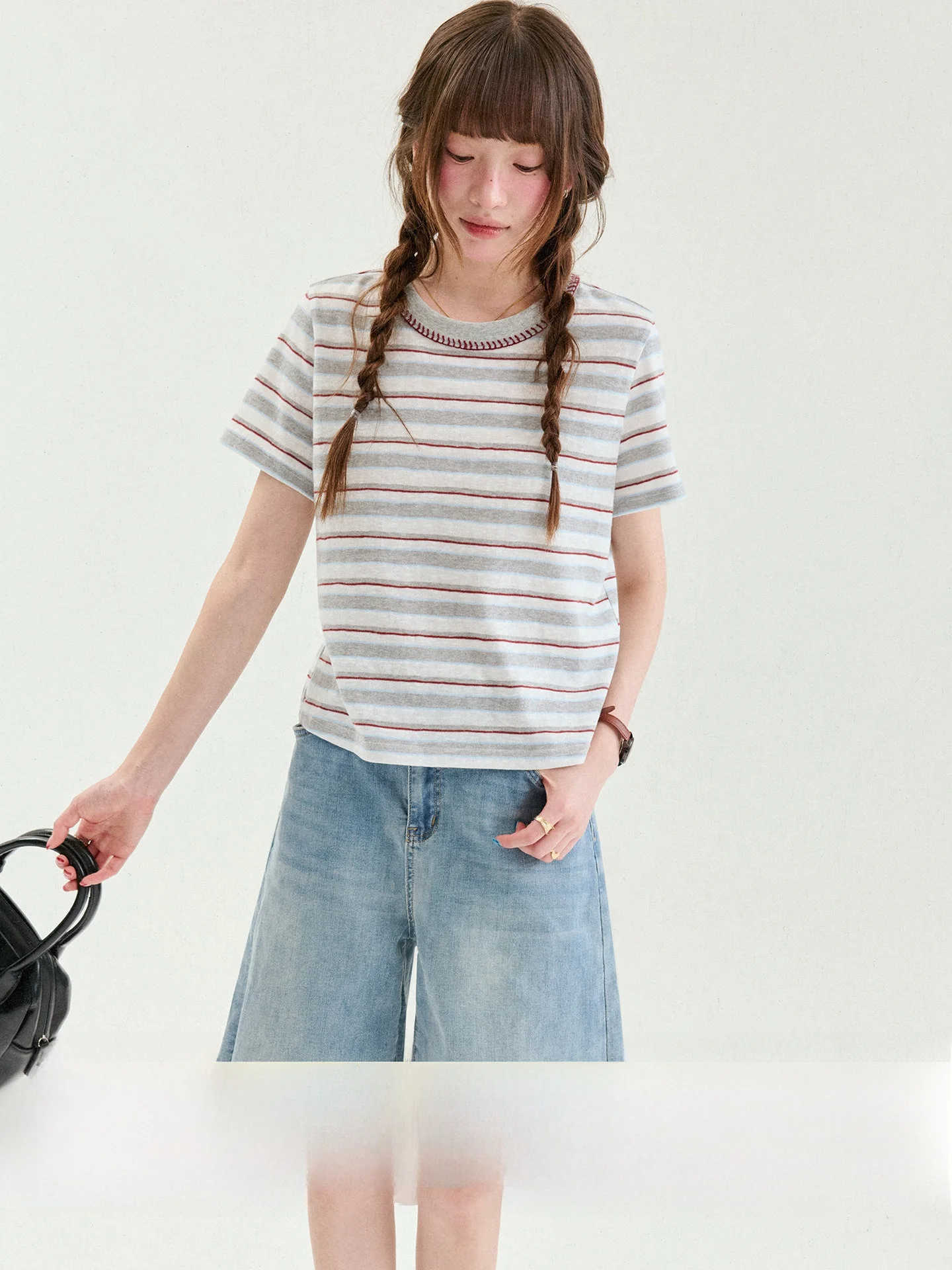 AMUU Original Color Block Striped  Craft Short Sleeve Loose T-Shirt Women Summer New Style Commute Style round Neck Top