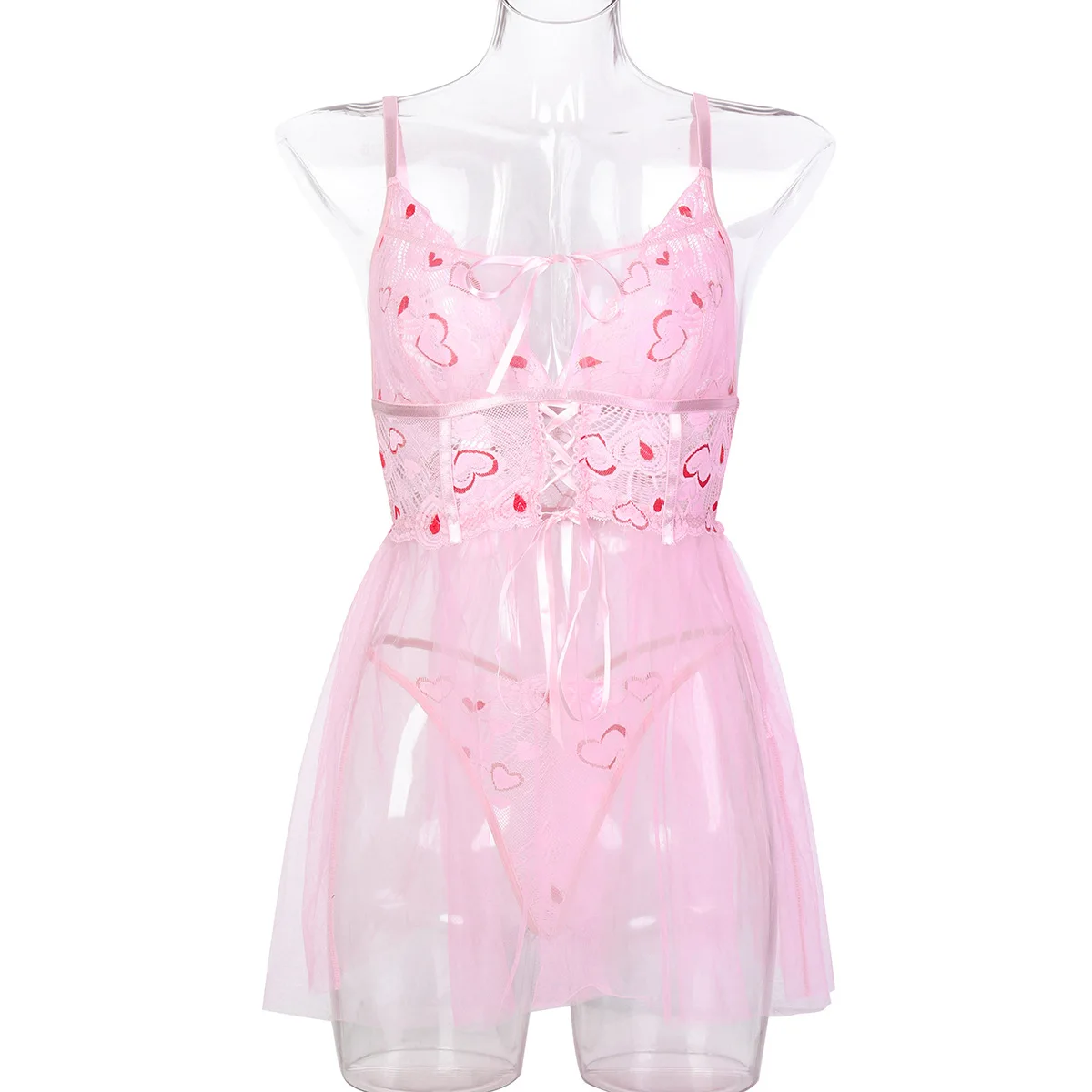 

New Love Lace Straps Cross Mesh Yarn Perspective Sexy Cute Suspender Nightdress Two-piece Set