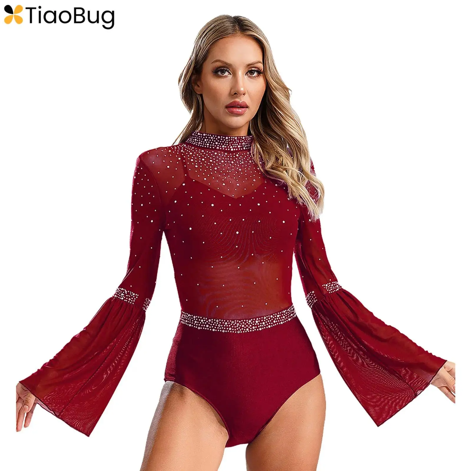 

Women's Figure Skating Gymnastics Leotard Mock Neck Flare Sleeve Backless Sparkly Rhinestones Dancewear Ballet Dance Bodysuit