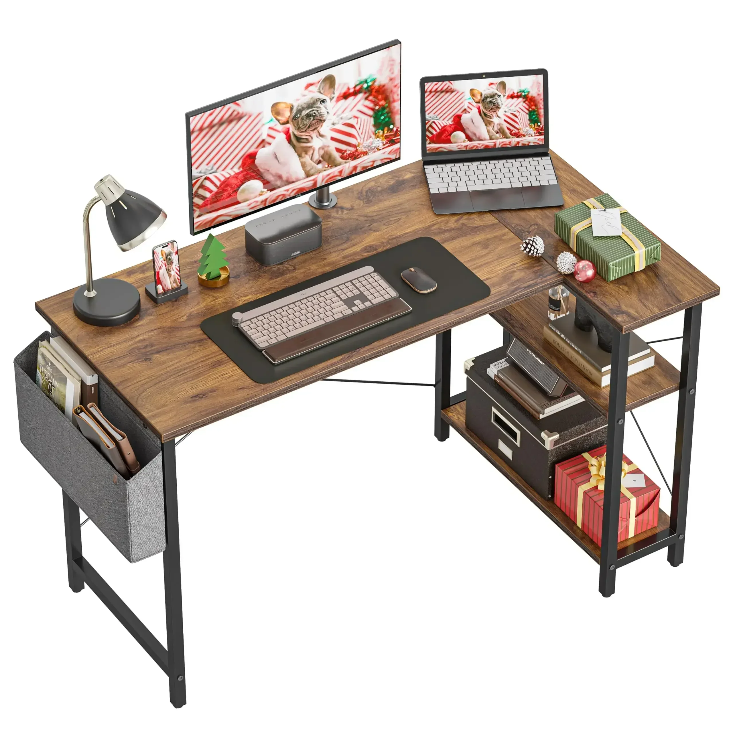 CubiCubi 55 Inch Small L Shaped Computer Desk with Storage Shelves Home Office Corner Desk Study Writing Table, Deep Brown