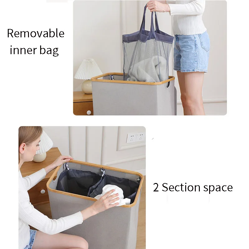 large Laundry Baskets with Lid Washing Baskets for Laundry with Handles Laundry Hamper with 2 Section inner Bag for Bathroom