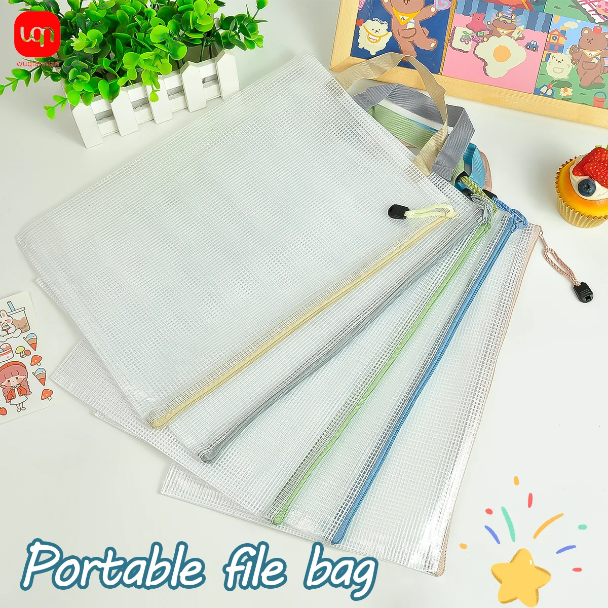 WQN-5/20 قطعة أكياس تخزين كلاسيكية A4 أكياس شبكية محمولة شفافة ذات سعة كبيرة لوازم مكتبية مدرسية