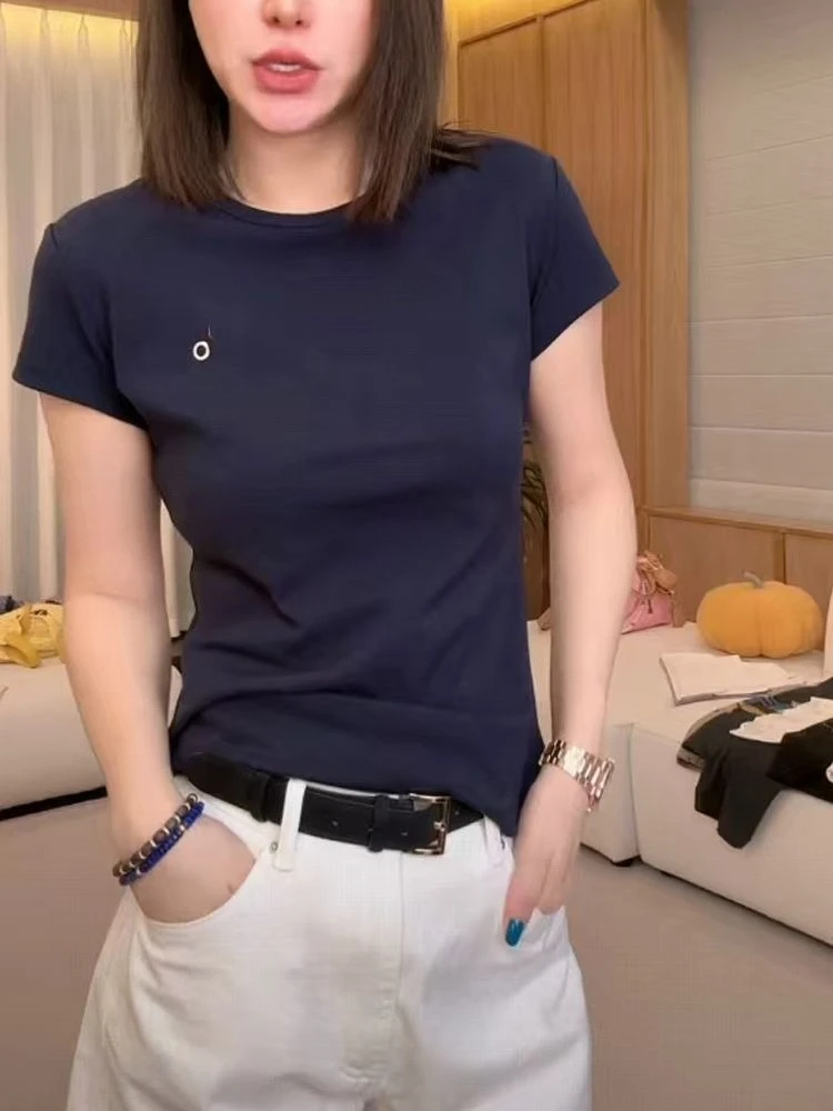 

Summer Versatile Pure Cotton Top for Women Simple Commute Letter Printing T-shirt 2025 New Model Slim Fit Short Sleeved T-shirt