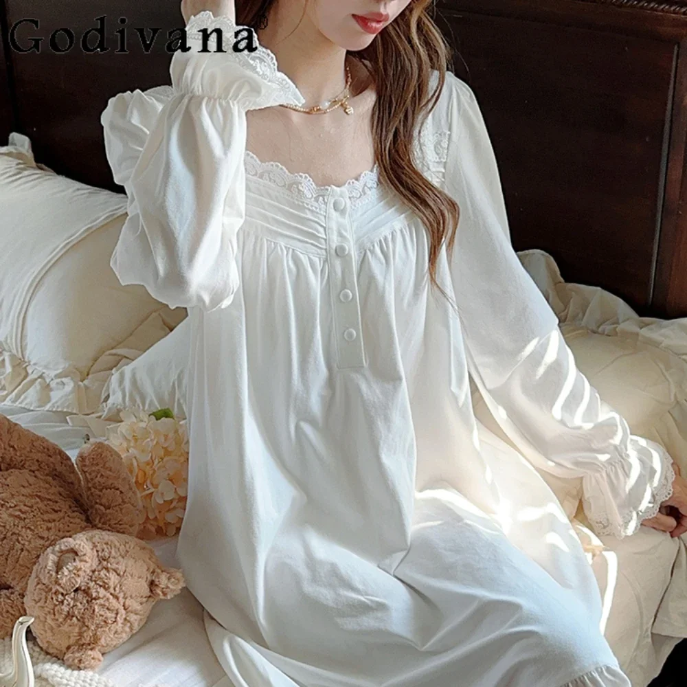 

Court Style White Pajamas Women's Sleepwear Long-Sleeved Cotton Princess Style Nightgown Girls Pajama