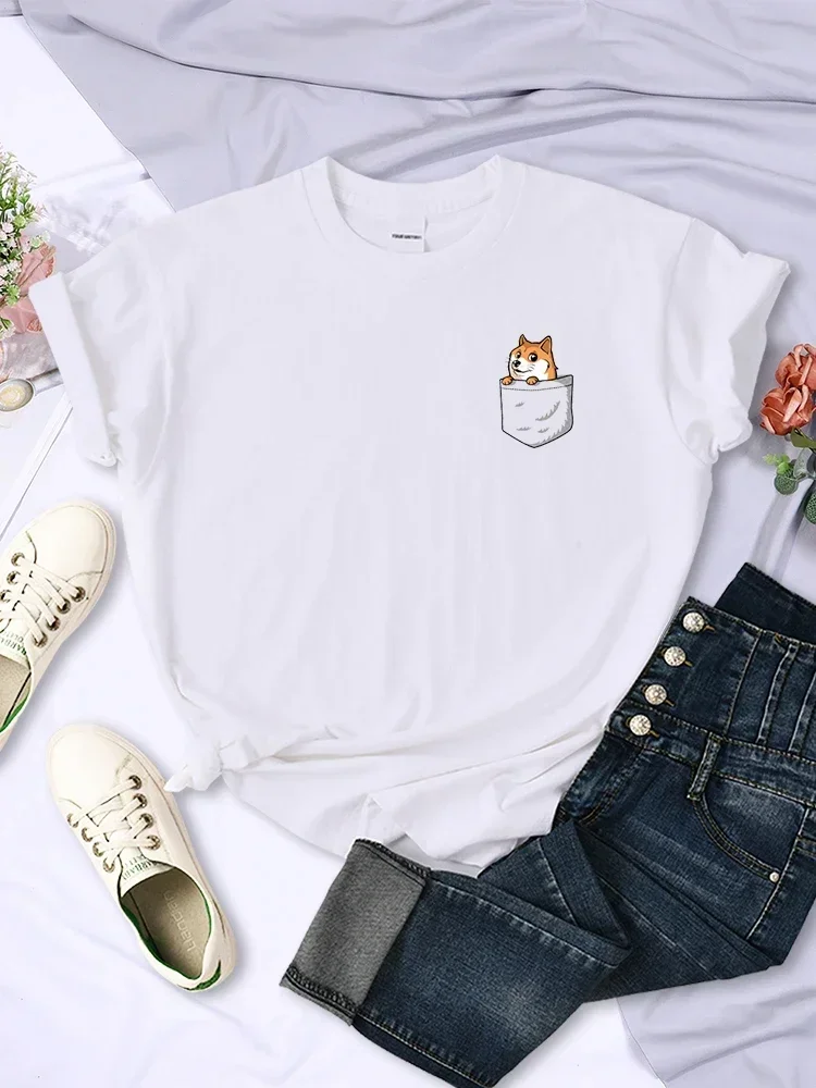 Pocket Chest Mark Shiba Inu Female Tee Clothing Hip Hop Personality Short Sleeve Street Fashion Tee Tops O-Neck Womens T-Shirts