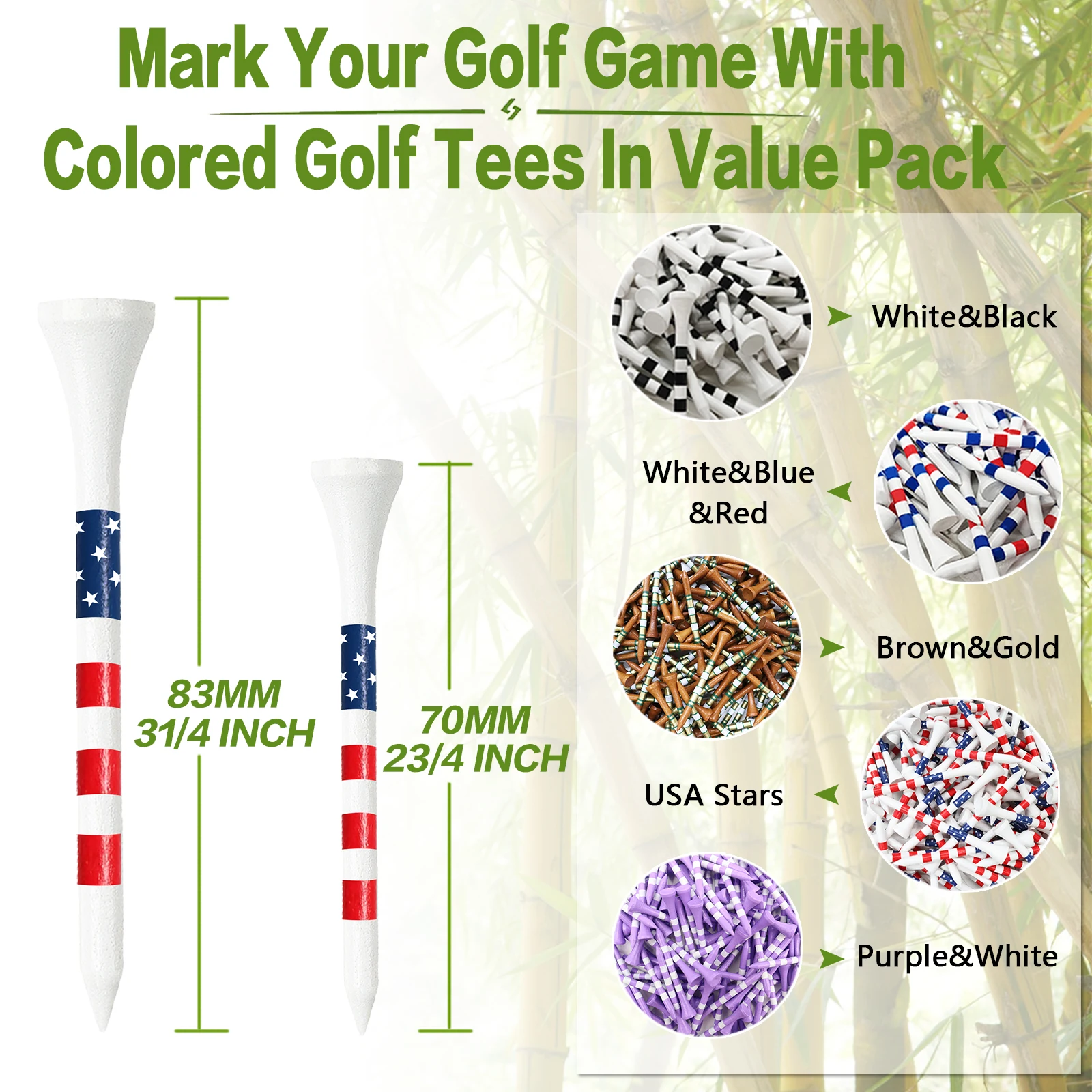 Golf Tees Wood USA Flag 3 1/4 2 3/4 Inch Wooden Bamboo 100 Count, Durable Biodegradable Colored Bulk Tee 70mm 83mm