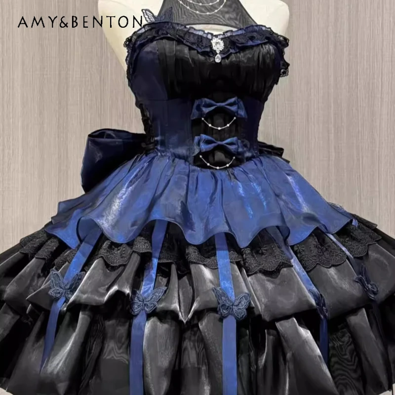 

Original Design Black Blue Halter Sexy Lolita Princess Dress Japanese New Sweet Cute Butterfly Tail Puffy Short Dresses Ladies