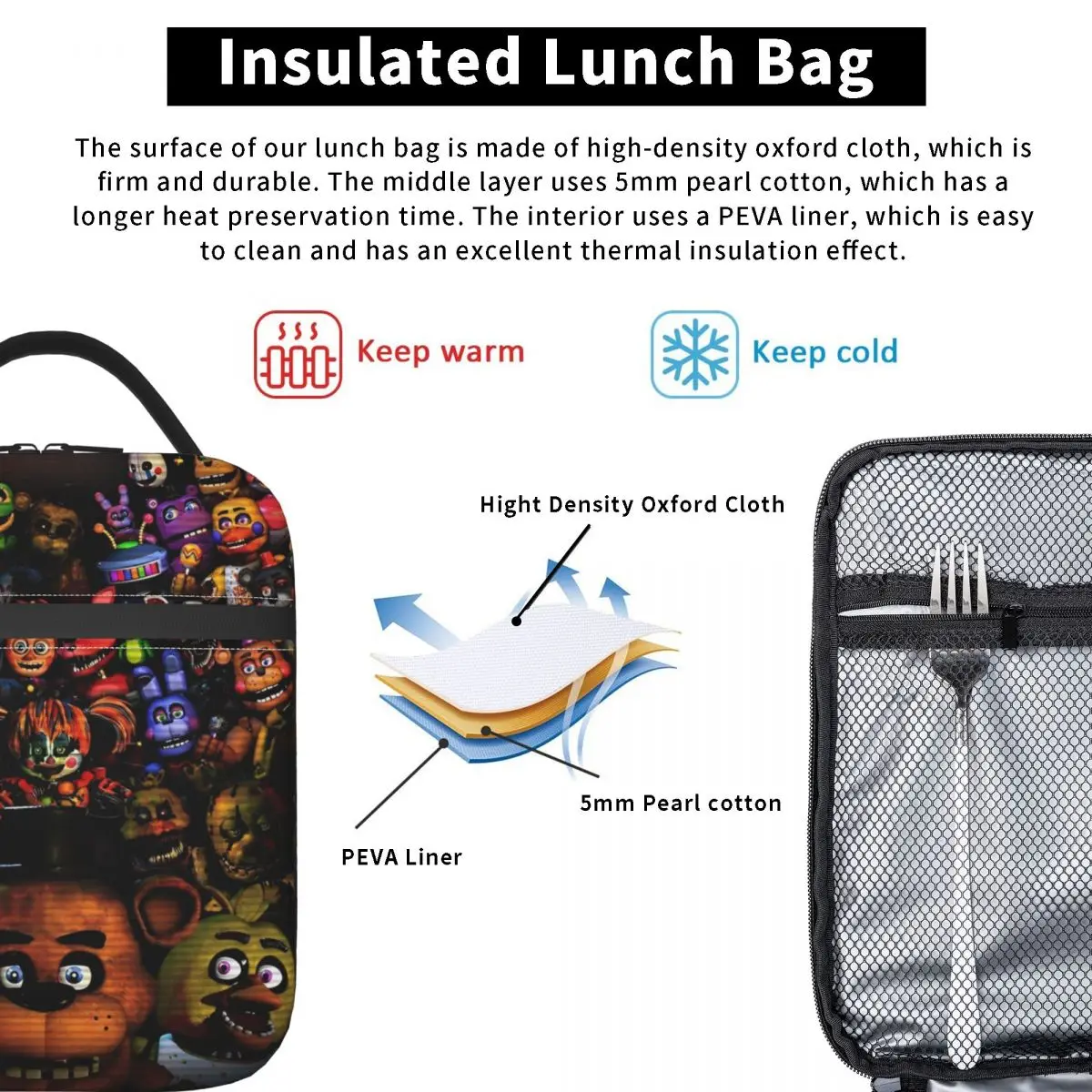 FNAFS Characters Insulated Lunch Bags High Capacity Horror Game Meal Container Thermal Bag Tote Lunch Box School Food Handbags